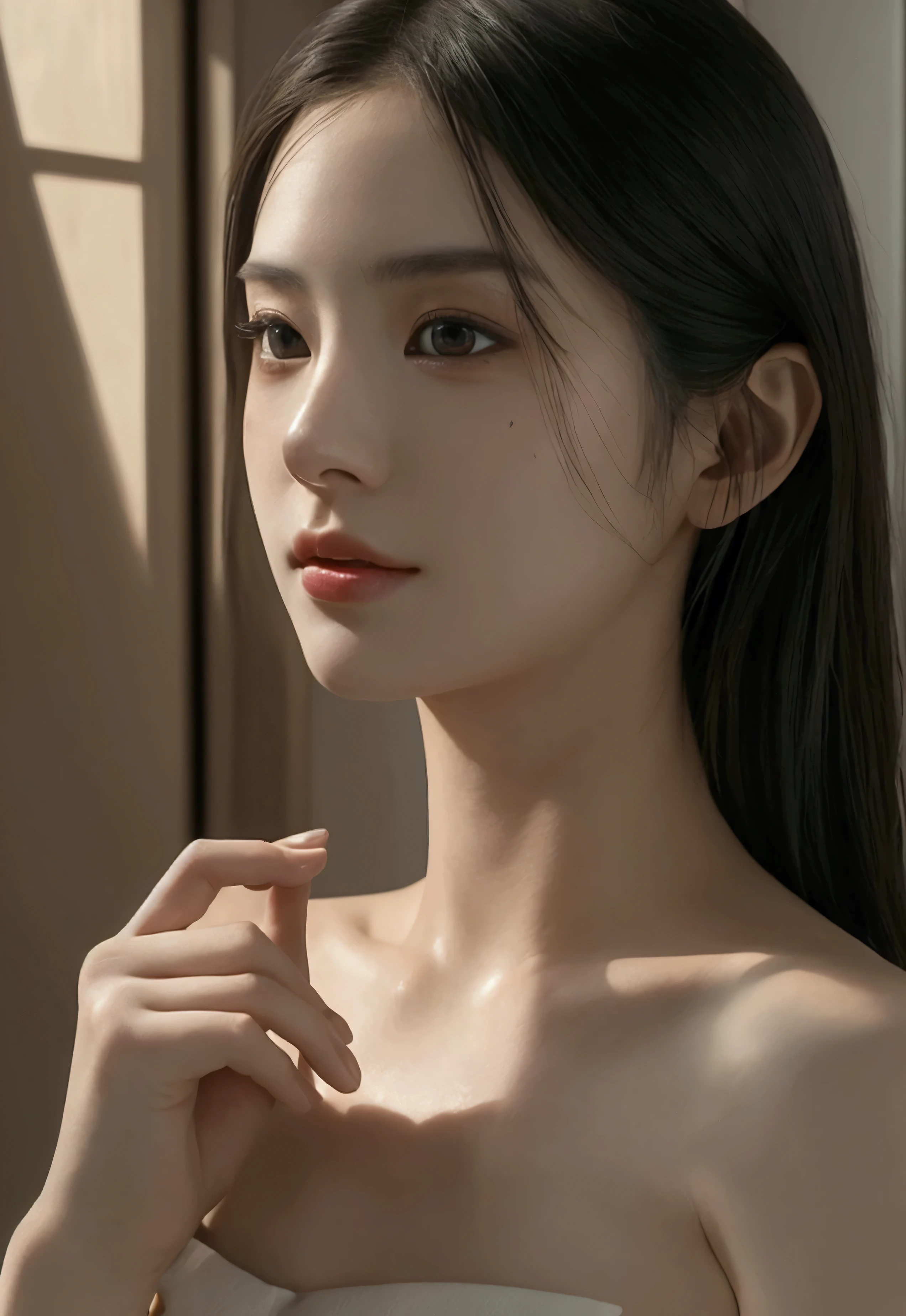 emma, a beautiful asian woman, taking a selfie in her bathroom, she hold the camera in her hands and putit up, beautiful detailed eyes, beautiful detailed lips,natural lighting, warm color tone, cinematic lighting, porcelain, photorealistic, 8k, highly detailed, masterpiece, hyper realistic, award winning photography, Realistic Skin Texture, Texture, Detailed Eyes, texture, eyes detailled, Detail, Highly Detailed, Sharp Focus, Detailed Skin,ultra detailed background, ultra detailed face,etailed facial features, beautiful detailed eyes, beautiful detailed lips, extremely detailed eyes and face, long eyelashes, realistic, photorealistic, photo-realistic:1.37, best quality, 8k, highres, masterpiece:1.2, ultra-detailed, hyper-realistic, cinematic lighting, moody atmospheric lighting, intricate details, dramatic shadows, vibrant colors, cinematic composition,realistic, photorealistic, 8k, best quality, masterpiece, ultra-detailed, vivid colors, studio lighting, physically-based rendering, professional