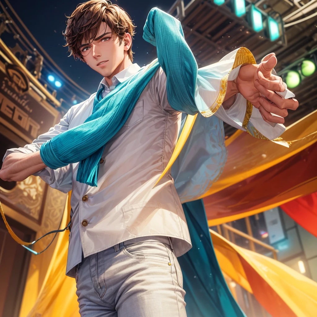 (high resolution, hyper-detailing), masterpiece, best quality. a handsome well-built wheatish skinned man standing. Face is detailed with short hair and is wearing a white formal shirt and denim pants. Background is a brightly lit movie street with teal, red and yellow colors and bright and flaring neon and concert lights, normal pose with both hands visible