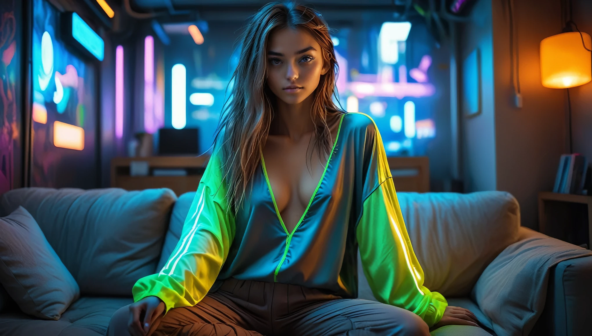 Top Quality, Masterpiece, High Resolution, 8k, (cute skinny barely legal girl ((((in oversized loose rubber tank shirt with deep cleavage, deep neckline)))) and tight leggings, ((small perky breasts)), beautiful detailed eyes, beautiful detailed lips, small closed mouth, extremely detailed face, tanned skin, random long hair style, small hips, some tattoos), (((in cyberpunk apartment, random pose next to a couch))), moody atmosphere, dramatic and random neon colors, futuristic setting, intricate details, at night, backlit, full body shot, ((neon colors))