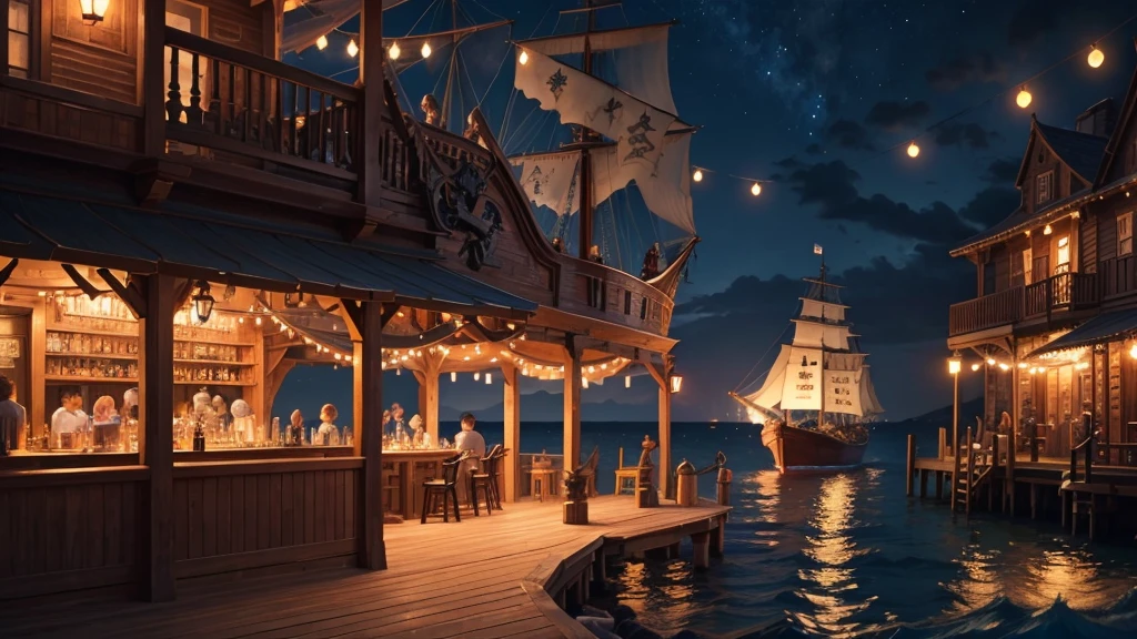 pirate ship,Terrace of a seaside tavern,night