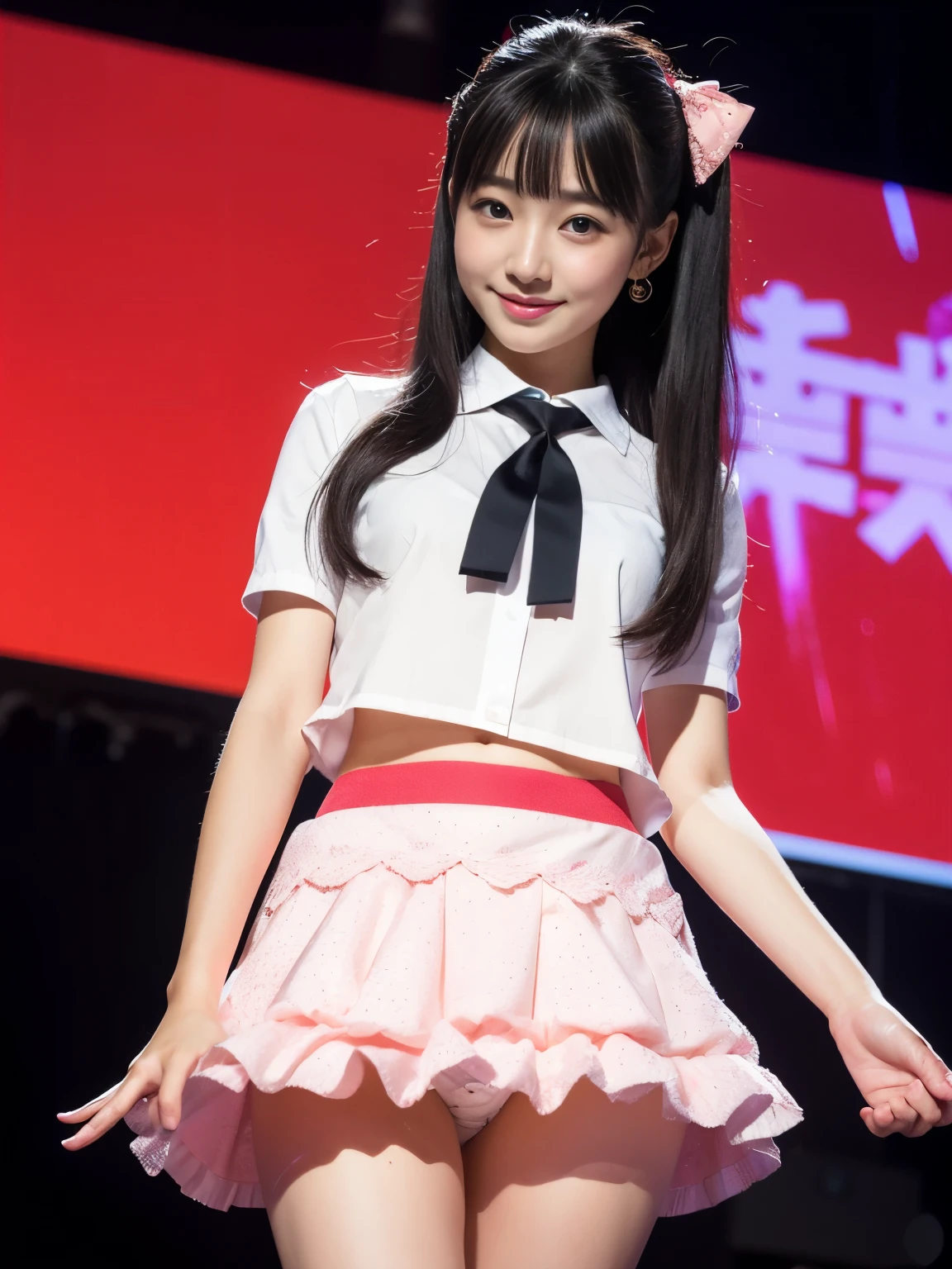 Highly detailed CG Unity 8k wallpaper、Highest quality、Ultra-detailed、masterpiece、Realistic、Photo realistic、A cute girl drawn in great detail、20-year-old、(Skirt rip)、(Roll up the skirt yourself))、White panties、Panty Focus、blush、Lips parted、Looking at the audience、Semi Body Shot、JAPANESE IDOL OUTFIT、stage、Showing panties
