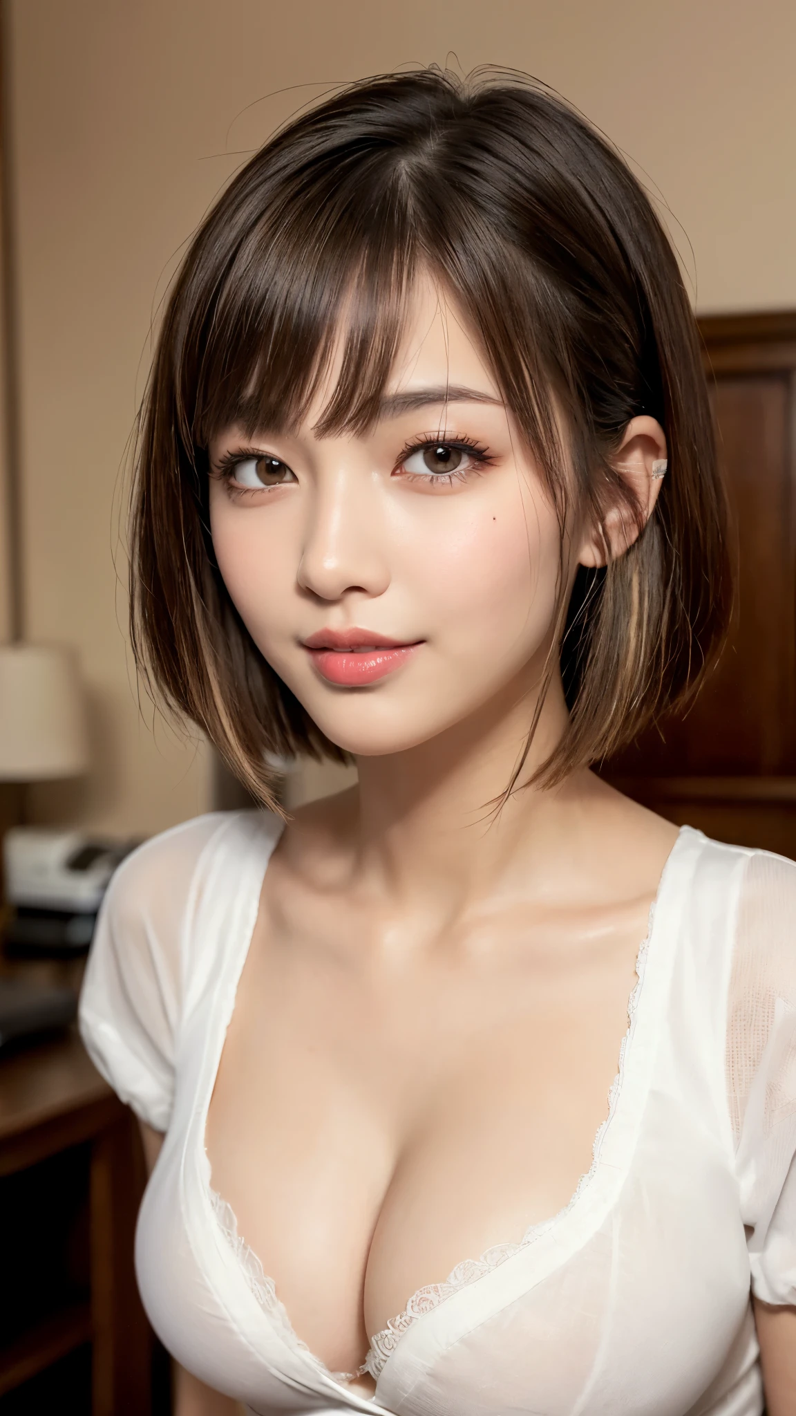 (masterpiece:1.3), high resolution, ultra detailed, extremely detailed CG unity 16k wallpaper, realistic, photo-realistic, RAW photo, super fucking beautiful detailed face, natural makeup, pale skin, realistic glistening skin, detailed cloth texture, detailed hair texture, beautiful detailed fullbody, Perfect female body, accurate, Anatomically correct, Highly detailed face and skin texture, natural neck length, (beautiful hands), (fair skin:1.1), (well-aligned teeth:1.1), ((beautiful large breasts, cleavage, upper breasts:1.3)), (thighs:1.2), (cowboy shot:1.3), (looking at viewer),
BREAK,
Detailed eyes, symmetric eyes, Light Brown eyes, Double eyelids, Thin eyebrows, (Glossy lips:1.4), ((A face with waiting for a kiss:1.2)), (blush:1.1), (A sparkling small hair accessory:1.1), (beautiful smile:1.1), (sweat skin,blush:1.2),
BREAK,
((short hair, bob, Dark blonde hair, bangs:1.2)),
(Wariza in the bedroom, school uniform:1.3)