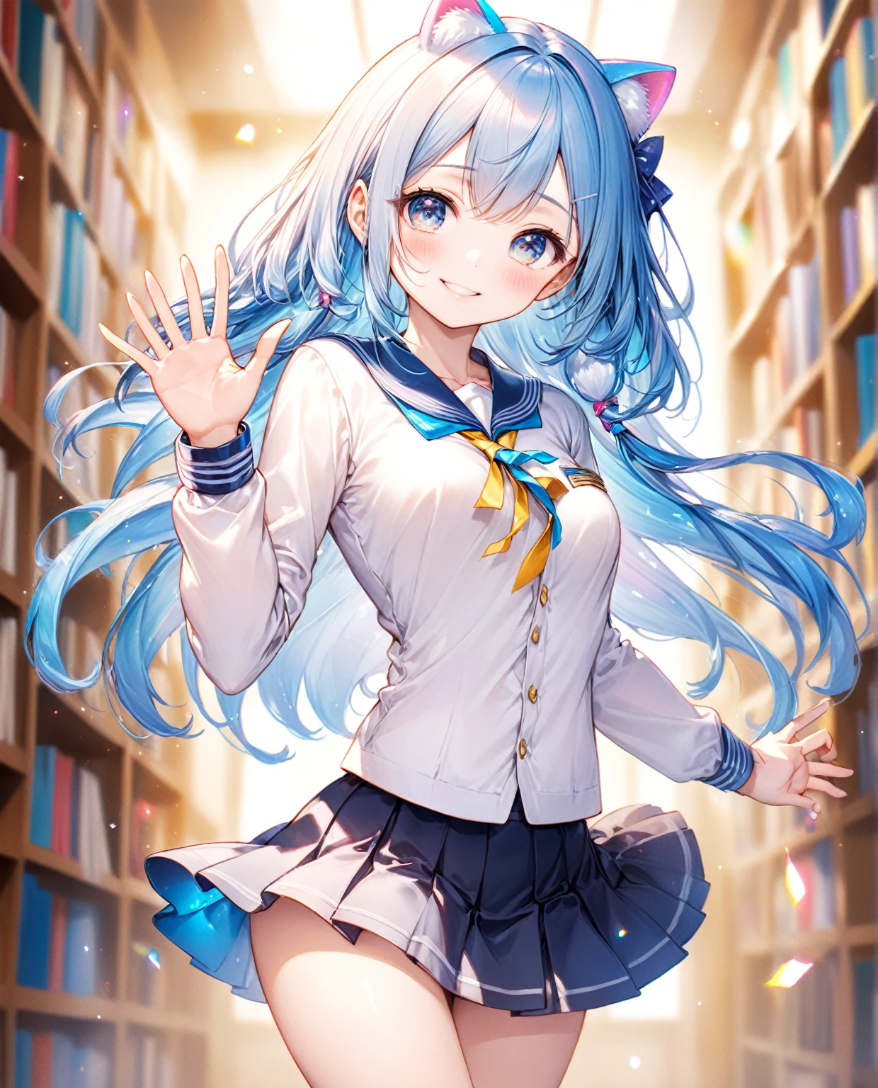 ((Highest quality, 8k, 32K, masterpiece, Ultra-high resolution,:1.2),born, One girl,Super cute , Fantasy Background, Clear, shining eyes, 20-year-old ,Fair skin, Girl, keep your spirits up, expensive, uniform, mini skirt,D cup breasts，，An innocent smile，Nyan Nyan Pose,Blue Hair,Corrected to 5 fingers,Refers to 5 books