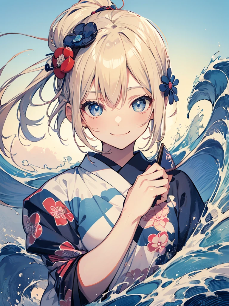 Japanese style t-shirt design, Hokusai Wave, Hokusai Stil, with modern anime elements,((Beautiful blue eyes)) blonde hair,ロング、髪をアップ、 blue eyes,((smile)) Pastelfarben, ((1girl)) cute, kawaii, Sweet, Pastel, 