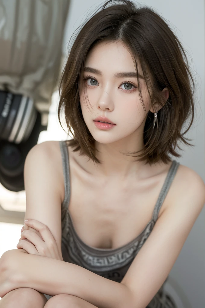 Top image quality、Raw photography、超A high resolution、18-year-old beaut、Healthy complexion、shiny white skin、(short cut hair)、((Light brown silver hair))、Beautiful eyes with random colors、very thin lips、beautiful eyes finely detailed、elongated eyes、pale pink blush、long eyeslashes、Beautiful double eyelids、eyeshadows、earrings、Beautiful skin、(Fashionable outfit baddaz black、Wearing _baddaz_black 、Beautiful legs、baddaz posse, in the garage、Photograph the whole body)