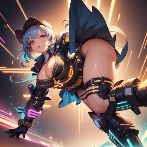 Busty Anime Girl in a Sexy Western Cowgirl Outfit, Miniskirt, ((Anime style)), leather cowboy hat and boots, large breasts, cleavage, low angle with bottom view perspective, (neonpunk theme), highly detailed, colorful, dynamic lighting