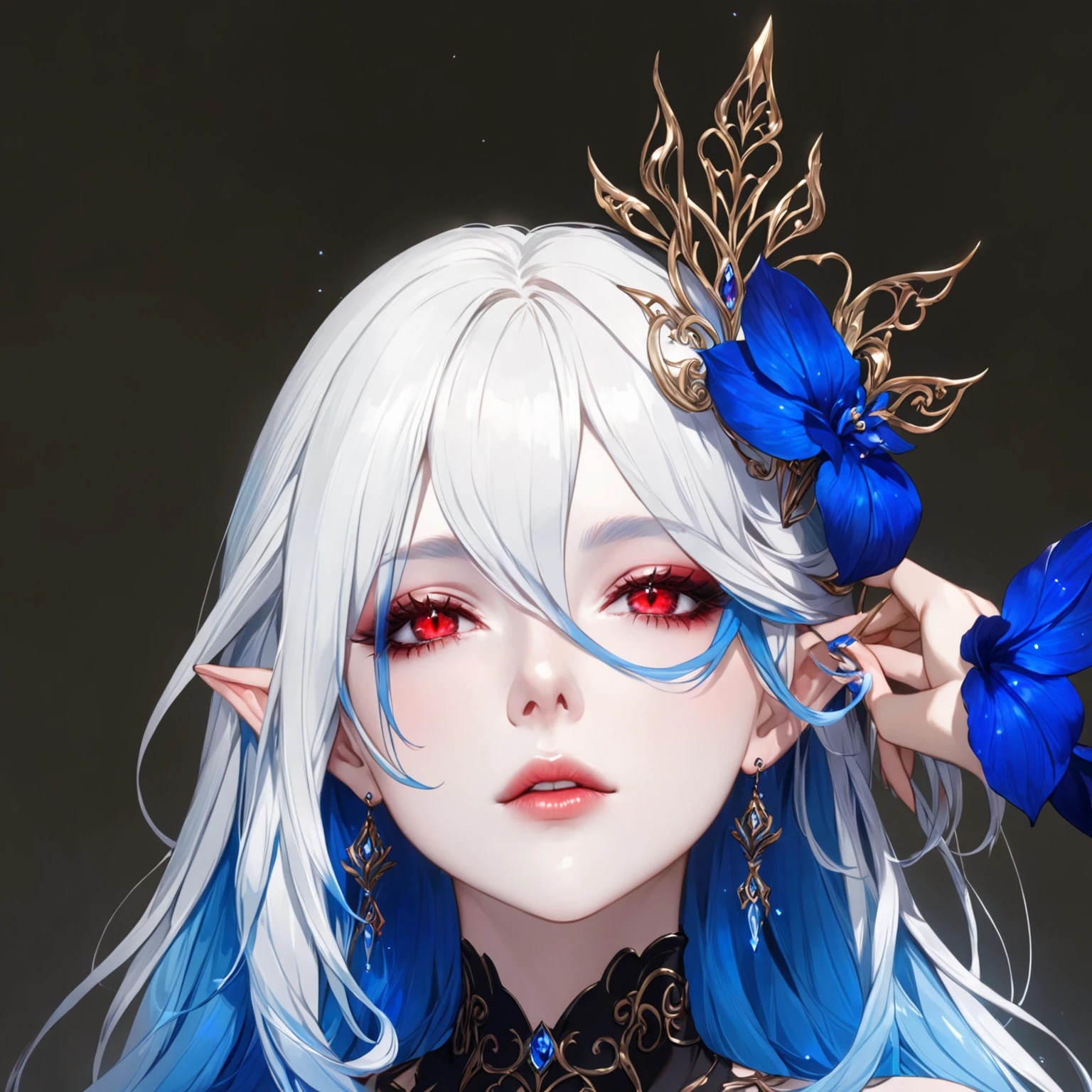 masterpiece, best quality, good quality, Highly detailed, shadowverse style, female, red eyes, long hair, white blue gradient hair, beauty, sexy, Elven aesthetic, pale skin, light blue eye shadow, make up, earring. bang covering one eye, elf. light blue lipstick
