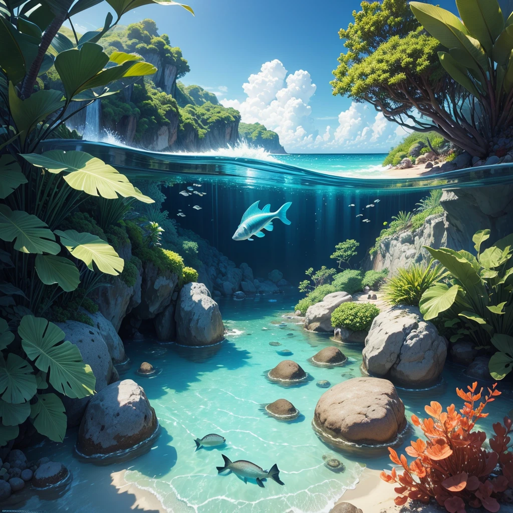  Sea、Tropical fish swimming, Very fun, beautiful, Gentle and beautifully landscaped. Realistic, 8K Ultra HD, Studio Quality, Surreal, 最大のdetailed, heavy, postprocessed, Realistic, Realistic, Photoshopped, photograph, detailed, Cinema Lighting, landscape, Panorama, scenery, Ray Tracing, Cinema 4D --Auto