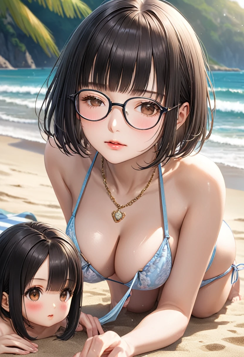 score_9,score_8_superior,score_7_superior,masterpiece,Highest quality, necklace, Realistic, Glasses, Very detailed, evaluation_Safety,
One girl, On all fours, Untied bikini, superiorから,
Break Girl, 22 years old, short hair, Bobcut, (Blunt bangs), Black Hair, (puppet, fine cute brown eyes), Curled eyelashes, (Large Breasts:0.9),
Shiny Hair, Beautiful attention to detail, Beautiful Face,
blush, (close your eyes:1.2), Outdoor, Beach, sunlight