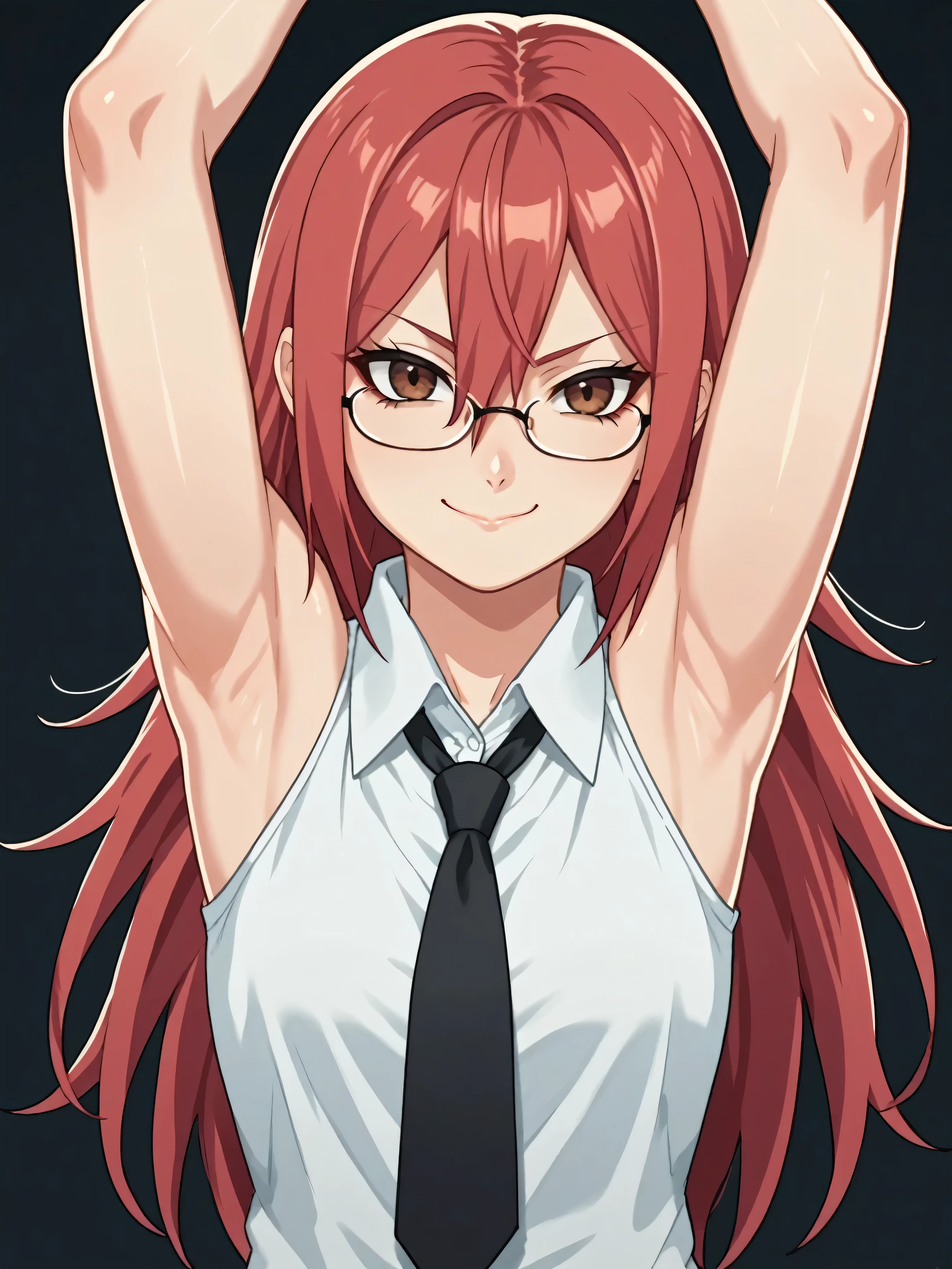 score_9, score_8_up, score_7_up, source_anime, tayuya, anime coloring, red hair, long hair, brown eyes, glasses, tie, necktie, black necktie, office lady, shirt, collared shirt, formal shirt, white shirt, sleeveless shirt, sleeveless, bare shoulders, bare arms, 1girl, solo, anime screencap, frontlighting, simple background, black background, dark background, soft light, shiny skin, shiny hair, looking at viewer, eye contact with viewer, evil smile, closed mouth, arms up, raised arms, armpits, in the center, symmetrical, upright,