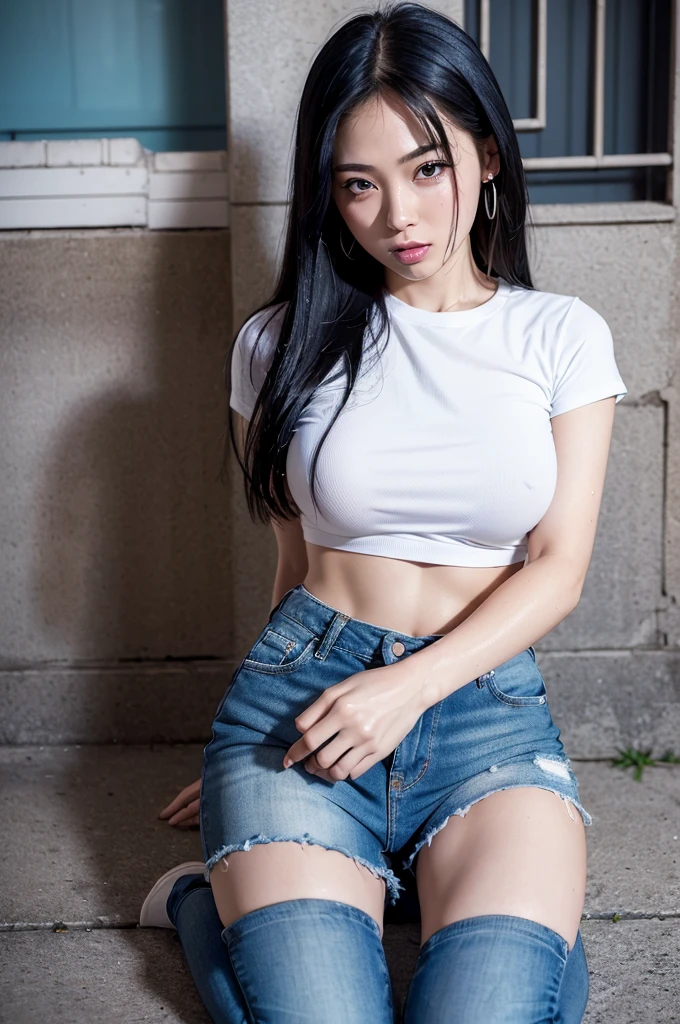 (masterpiece:1.4),(Highest quality:1.4),超High resolution,((Detailed facial features)),High resolution,8k resolution,One girl,blue sky,Mouth is distorted / :3,(Shiny),Sadako,street,shirt,Earrings,Short jeans,Large Breasts, Wet Skin,Shiny skin,, ,Wear socks over your knees,View your viewers,Fits perfectly to the skin,Focus Only,Mischievous face,