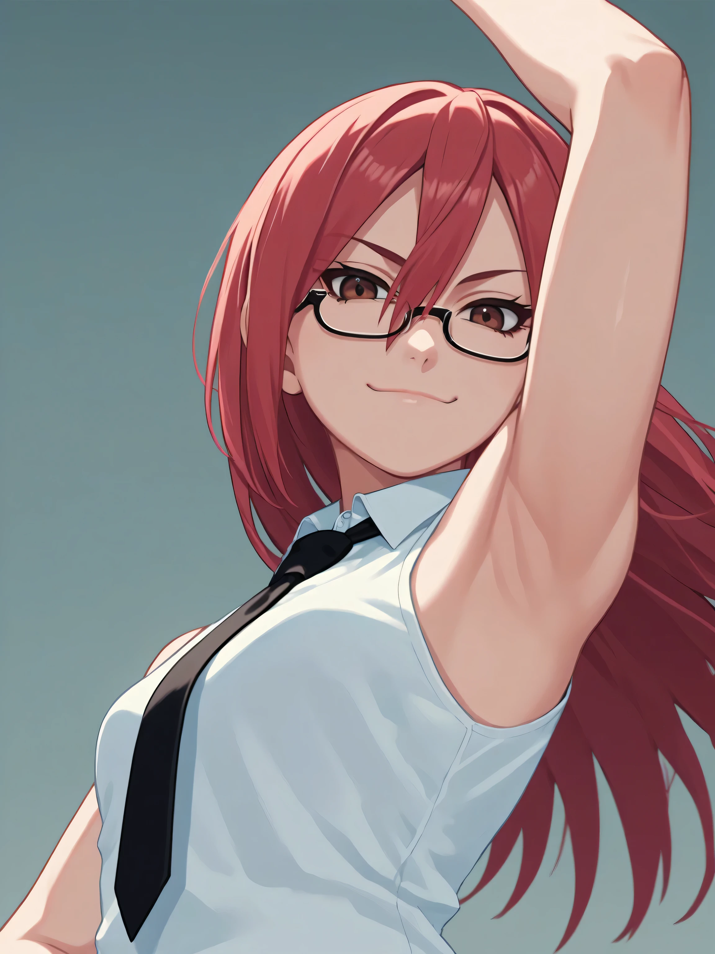 score_9, score_8_up, score_7_up, source_anime, tayuya, red hair, long hair, brown eyes, glasses, tie, necktie, black necktie, office lady, shirt, collared shirt, formal shirt, white shirt, sleeveless shirt, sleeveless, bare shoulders, bare arms, 1girl, solo, anime screencap, frontlighting, simple background, black background, dark background, soft light, shiny skin, shiny hair, looking at viewer, eye contact with viewer, evil smile, closed mouth, arm up, raised arm, armpit, (from side, from below:1.4)