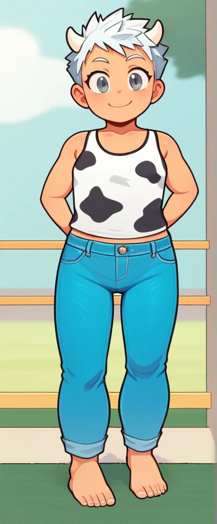 score_9, score_8_up, source_anime, masterpiece, best quality, BREAK 1girl, white horns, white spiked hair, grey eyes, small breasts, smile, pants, cow print tank top, jeans, meadow