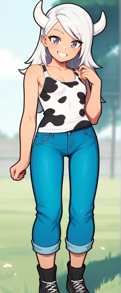 score_9, score_8_up, source_anime, masterpiece, best quality, BREAK 1girl, white horns, white spiked hair, grey eyes, small breasts, smile, pants, cow print tank top, jeans, meadow