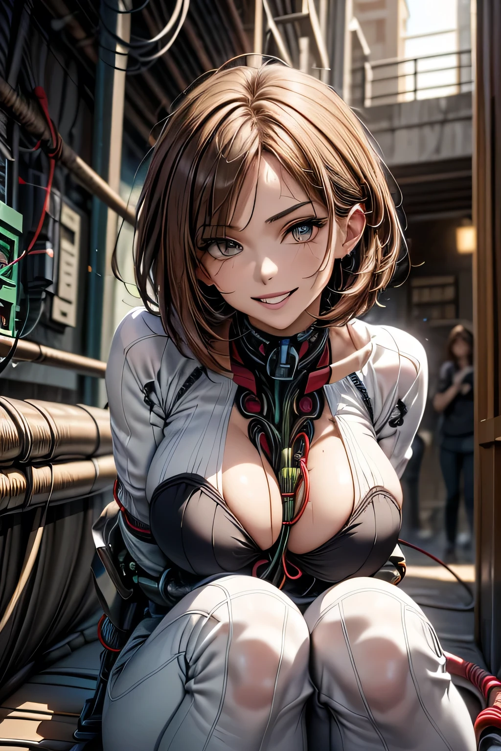 (((masterpiece))), (((Highest quality))), ((Very detailedな)), (Detailed CG illustrations), ((Very delicate and beautiful)),Cinematic Light,((One Mechanical Woman)), alone,mature,(Big and ample breasts),(Plump), (((The crotch is open))),((Thighs)),((Sitting)),whole body, (Machine made joints:1.4),((Mechanically cut muscle blood vessels connected to tubes),((Mechanical cervical vertebrae attached to the neck)),(Wires and cables connected to the head and torso:1.5),short hair,(Character Focus),sf, ,((Very detailed,colorful)),Best details, ((basement))