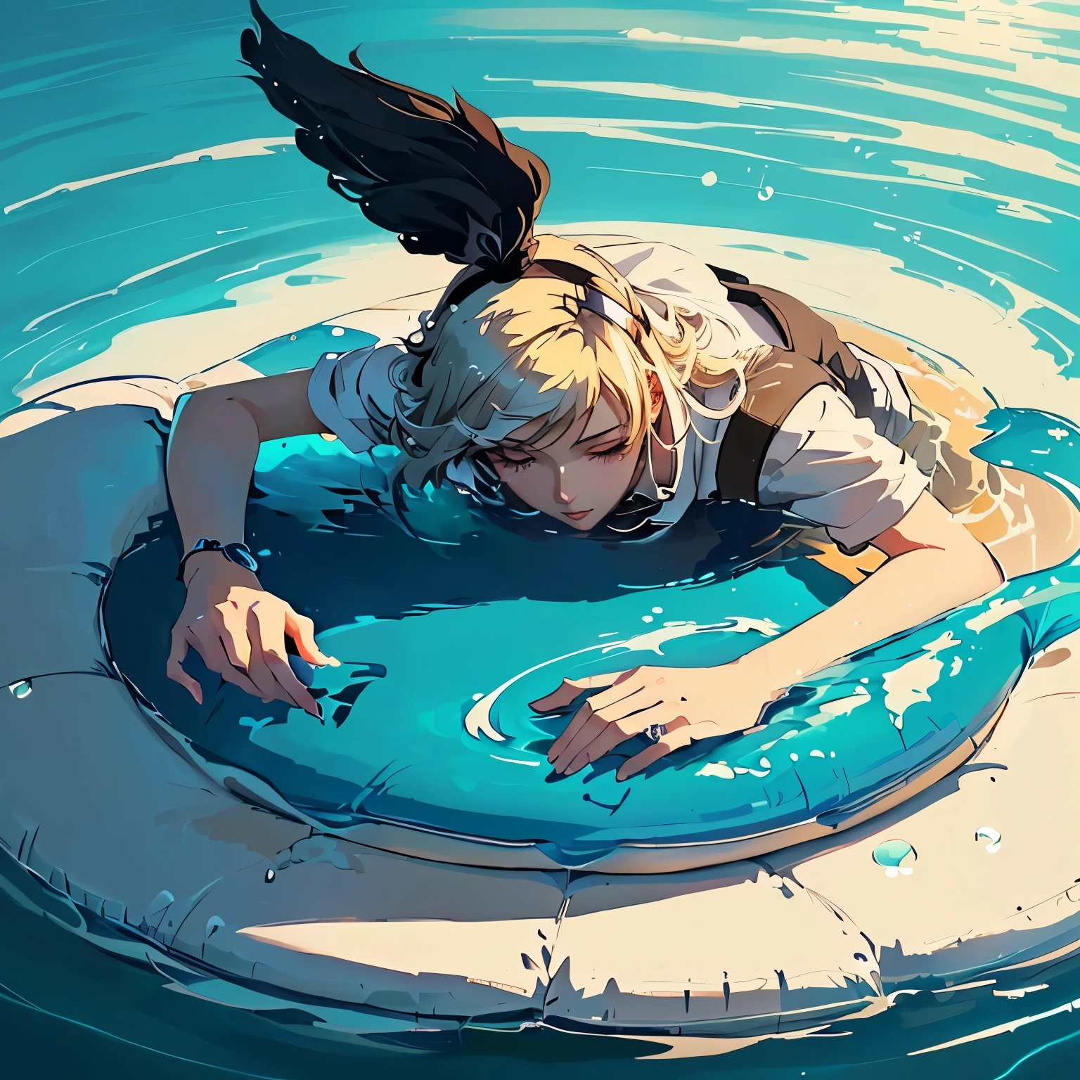 anime, a girl in a white shirt is floating on a floatie, anime girl walking on water, loish and wlop, makoto shinkai cyril rolando, loish art style, inspired by Cyril Rolando, loish van baarle, splash art anime , loish |, wallpaper anime blue water