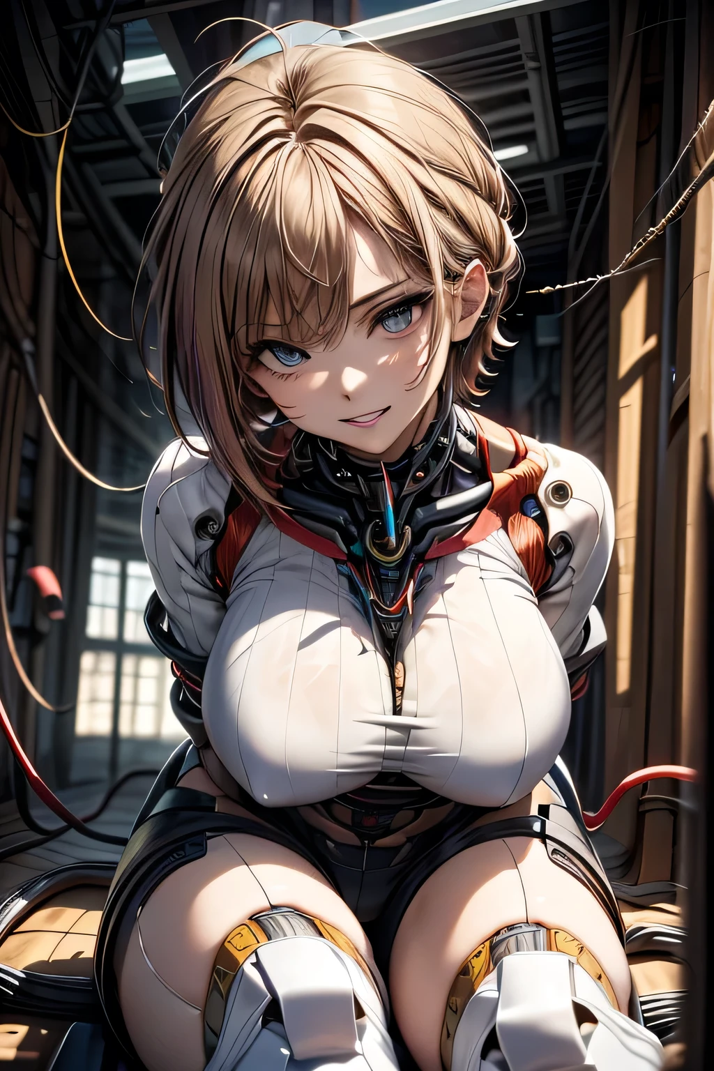 (((masterpiece))), (((Highest quality))), ((Very detailedな)), (Detailed CG illustrations), ((Very delicate and beautiful)),Cinematic Light,((One Mechanical Woman)), alone,mature,(Big and ample breasts),(Plump), (((The crotch is open))),((Thighs)),((Sitting)),whole body, (Machine made joints:1.4),((Mechanically cut muscle blood vessels connected to tubes),((Mechanical cervical vertebrae attached to the neck)),(Wires and cables connected to the head and torso:1.5),short hair,(Character Focus),sf, ,((Very detailed,colorful)),Best details, ((basement))
