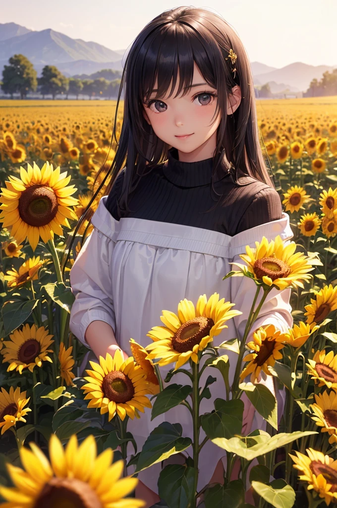 ((masterpiece, best quality, ultra-detailed, high resolution, extremely detailed CG, super detailed, Most beautiful clean lighting)), 1girl, , , cute girl, pretty face, smile, Suntanned and Wheat-colored skin, Beautiful black long hair, black eyes, kawaii, full body, summer sweater, Midsummer Scenery, sunflower field