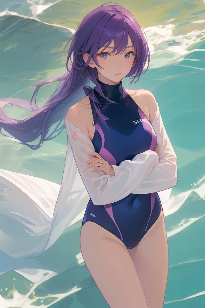 masterpiece, The best quality, High Resolutions, sh1, Senjougahara Hitagi, Long hair, long sleeves, Atar,((( high neck swimsuit))),thighs , cowboy shot, Crossed arms,