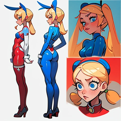 Slim woman with pronounced hips, With blonde hair and two long pigtails to the sides and a blue headband, small coral lips, big blue eyes dressed in erotic red and blue latex bunny suit With and white stockings , in various views (front and back) (full body) ((Character sheet))
