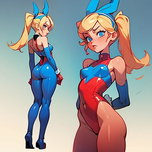Slim woman with pronounced hips, With blonde hair and two long pigtails to the sides and a blue headband, small coral lips, big blue eyes dressed in erotic red and blue latex bunny suit With and white stockings , in various views (front and back) (full body) ((Character sheet))