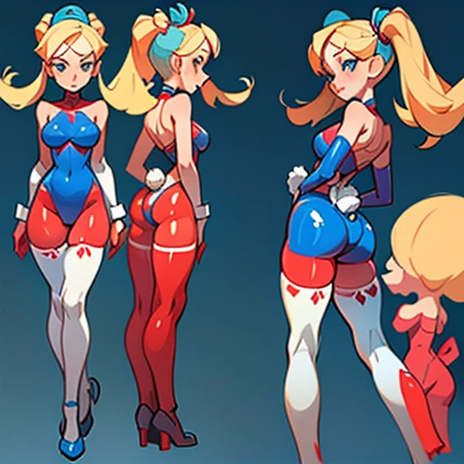 Slim woman with pronounced hips, With blonde hair and two long pigtails to the sides and a blue headband, small coral lips, big blue eyes dressed in erotic red and blue latex bunny suit With and white stockings , in various views (front and back) (full body) ((Character sheet))