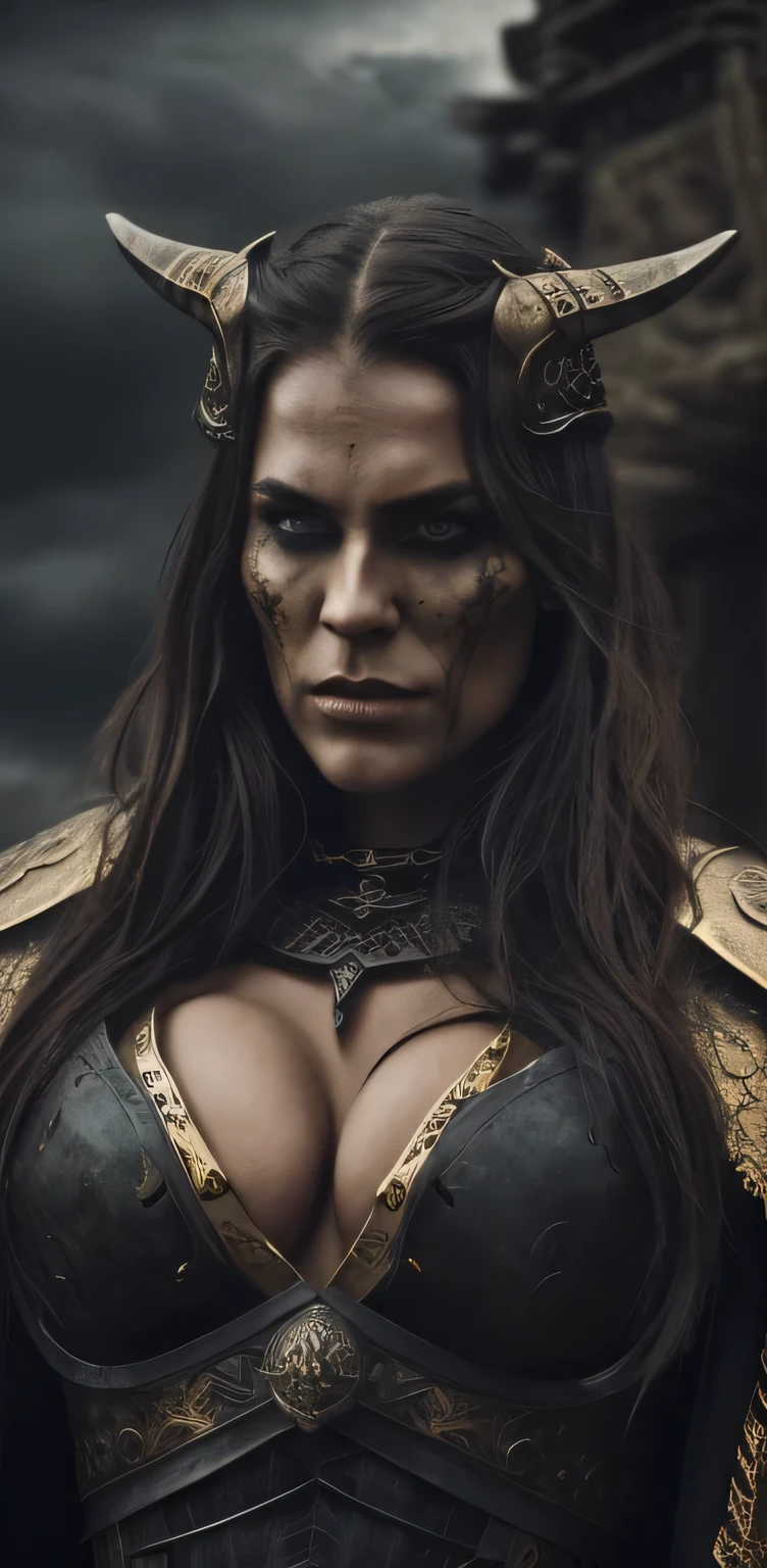 A beautiful, powerful Viking warrior woman with expressive eyes, a perfect face, and highly detailed features, wearing a dark, dramatic fantasy-inspired outfit with black and gold accents, , and a massive bust, set against a dramatic, moody backdrop.