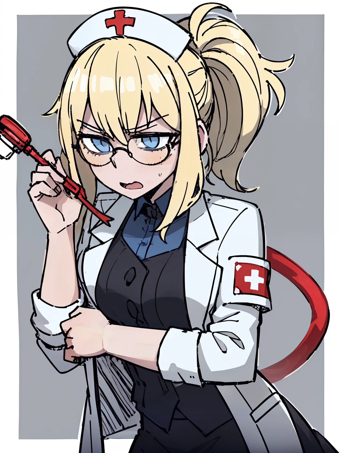 ((A woman,((blonde)),Long ponytail whip,White doctor coat,Blue Shirt,Black skirt,Black round glasses,Nurse hat)),matron,((anger)),front,Half Body,temperament,White background