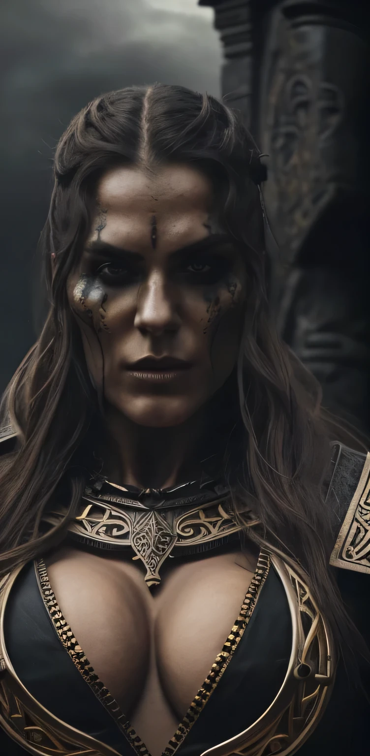 A beautiful, powerful Viking warrior woman with expressive eyes, a perfect face, and highly detailed features, wearing a dark, dramatic fantasy-inspired outfit with black and gold accents, cleavage, and a massive bust, set against a dramatic, moody backdrop.