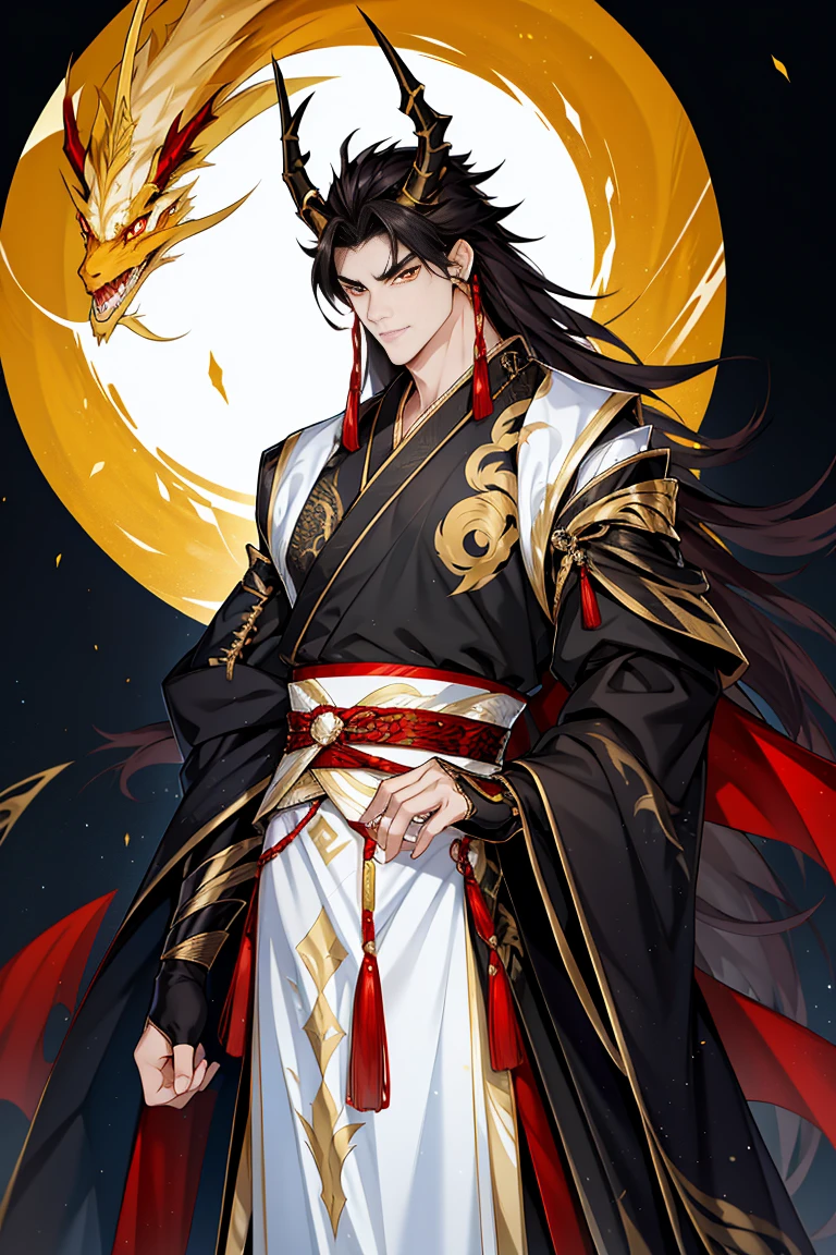 dragon man, Hanfu is black with gold details reminiscent of dragon scale, long sword, golden eyes，white long hair , A human half dragon with horns ,  the night，starrysky，rays of moonlight，Asian architecture，Best quality at best，16k,tmasterpiece，manhua character