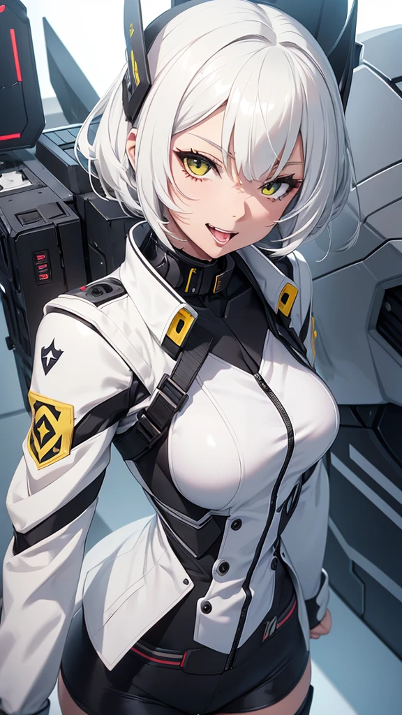 Anime, attractive woman, mecha millitary, small bust, tight padded white shirt, unbuttoned white jacket, black and yellow accents, tech bits on her clothing, short white hair, white skin, happy, licking her lips, sharpe canine teeth,