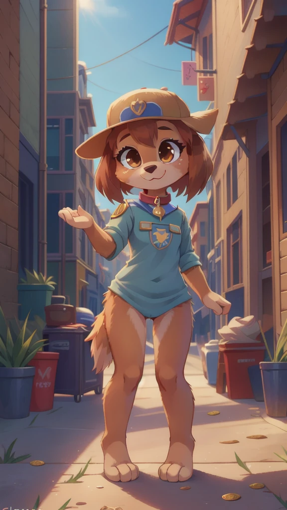 Liberty, dog, furry girl, brown eyes, brown hair, rect hair, two tone body fur, brown body fur, clear brown body fur, detailed body fur, detailed body, detailed face, detailed eyes, glistering body, shiny body, skinny, (best quality), cinematic lighting, looking at viewer, anime style, full body, feets with three toes, 1girl, :3, tiny body, short body, {liberty paw patrol}, female, ((solo)), standing, standing, street, front view, ((Liberty top wear, Liberty headwear, Liberty collar)), nude, offering sexual services in exchange for a few coins