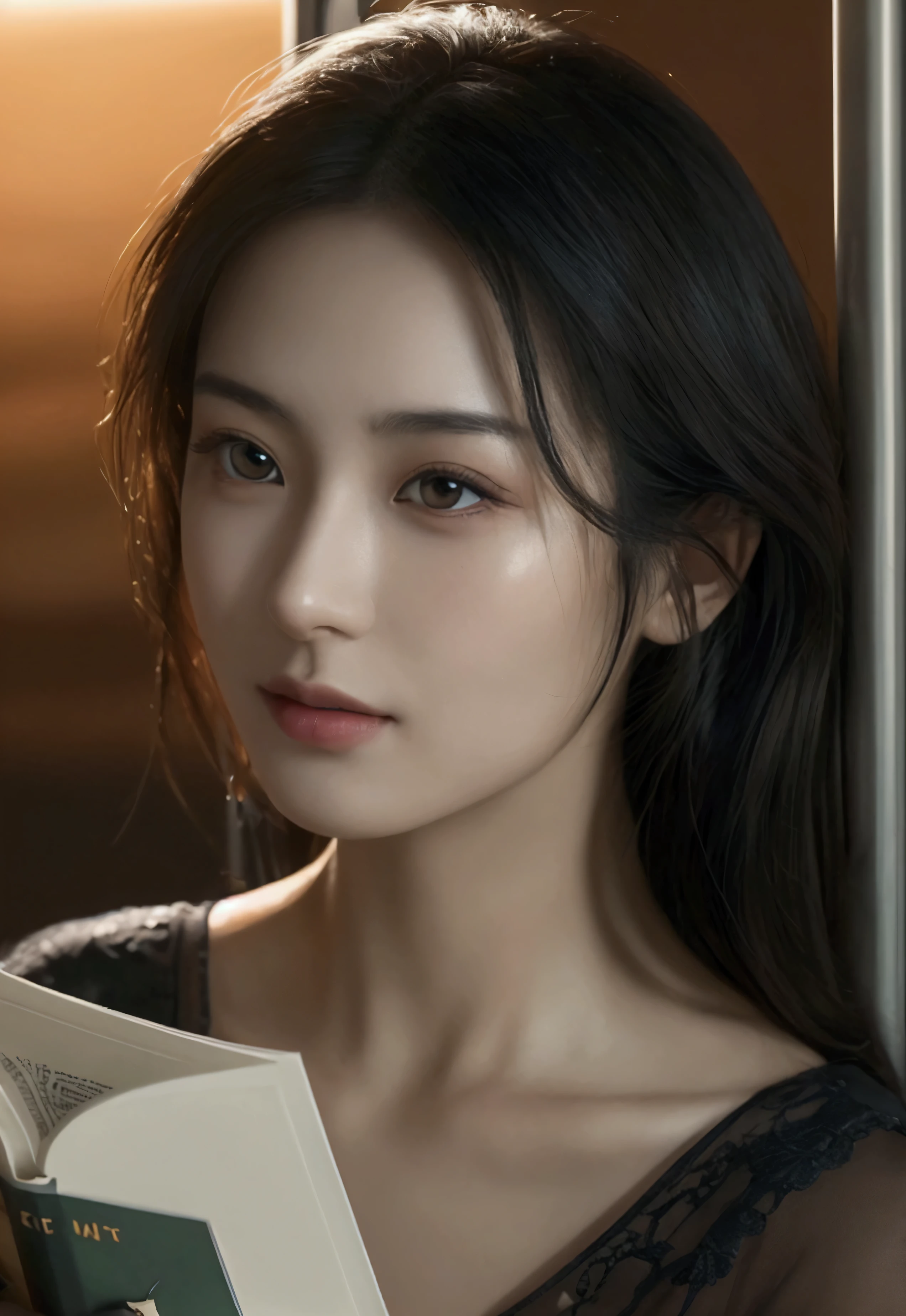 plan eloignée, a asian girl read a book, her eyes on the book, in a train, cinematic lighting, porcelain, photorealistic, 8k, highly detailed, masterpiece, hyper realistic, award winning photography, Realistic Skin Texture, Texture, Detailed Eyes, texture, eyes detailled, Detail, Highly Detailed, Sharp Focus, Detailed Skin,ultra detailed background, ultra detailed face,etailed facial features, beautiful detailed eyes, beautiful detailed lips, extremely detailed eyes and face, long eyelashes, realistic, photorealistic, photo-realistic:1.37, best quality, 8k, highres, masterpiece:1.2, ultra-detailed, hyper-realistic, cinematic lighting, moody atmospheric lighting, intricate details, dramatic shadows, vibrant colors, cinematic composition,realistic, photorealistic, 8k, best quality, masterpiece, ultra-detailed, vivid colors, studio lighting, physically-based rendering, professional, no blurring, maximal background detail