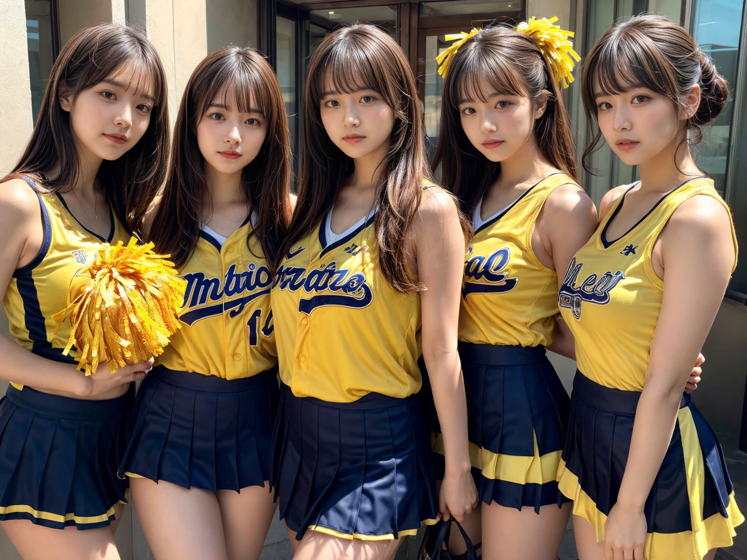 masterpiece, best quality, illustration, Super detailed, fine details, High resolution, 8K,wall paper, perfect dynamic composition,(Details High quality, realistic depiction of eyes:1.3), (3 girls), BREAK (cheerleader uniform with yellow as basic color:1.3), (holding a yellow pompoms in hand:1.4), (sleeveless yellow tunic with baseball team logo:1.4), yellow tops, (bold V-neck:1.3), ((Blue lines, black lines) on tops:1.3), ((fit and flare, A-line):1.3), (A-line yellow rah-rah skirt:1.3), mini skirt, (black socks:1.3), (sports shoes:1.2), sitting, open legs, short bob hair, in a hotel room in the background, deep on field, large breasts, black hair color, Big Natural Color Lip, (perfect body shape), crying a little、Harajuku style、20 year old girl、cute type、beautiful legs, Gravure Idol