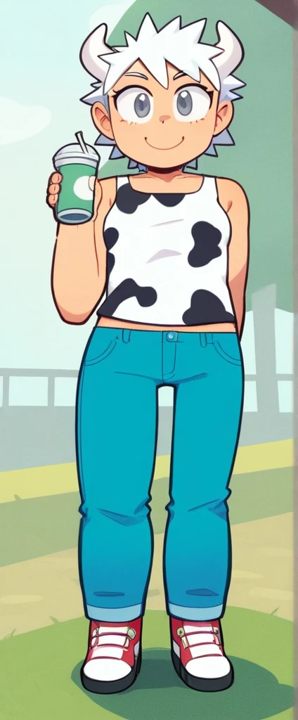 score_9, score_8_up, source_anime, masterpiece, best quality, BREAK 1girl, white horns, white spiked hair, grey eyes, small breasts, smile, pants, cow print tank top, jeans, meadow
