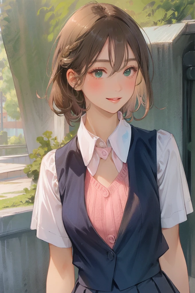 (masterpiece:1.3, top-quality, ultra high res, ultra detailed), (realistic, photorealistic:1.4), beautiful illustration, perfect lighting, natural lighting, colorful, depth of fields, ,
beautiful detailed hair, beautiful detailed face, beautiful detailed eyes, beautiful clavicle, beautiful body, beautiful chest, beautiful thigh, beautiful legs, beautiful fingers, shiny skin, babyface,
looking at viewer, (face focus), 1 girl, japanese, high school girl, (perfect anatomy, anatomically correct, super detailed skin), cute and symmetrical face, perfect face, perfect eyes,
(short hair, straight hair, sideburns, light brown hair), braided bangs, hair between eyes, emerald green eyes, long eyelashes, (medium breasts, seductive thighs), slender, outstanding style, ,
(detailed cloth texture), break, ((pink knit vest)), break, (white collared shirt, navy pleated skirt), break,
(beautiful scenery), summer, evening, (outside masion), (lovely smile, parted lips),
