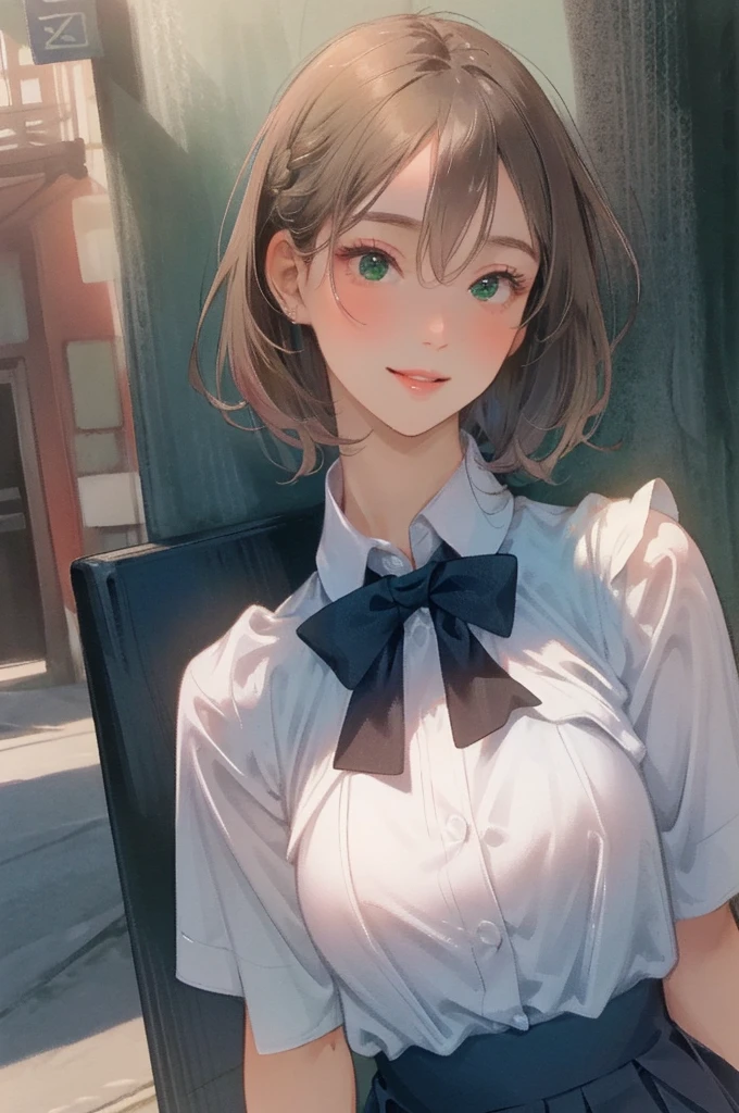 (1 person,solo), Beautiful woman, (Perfect Anatomy), Slender、(OL、White short sleeve shirt、vest、bow tie, detailed side tie panty), (Look down), (Pussy juice:1.1)、(Hug your chest)、20-year-old、(highest quality)、Black Hair, short hair、 Messy Hair、bedroom、Sitting on the bed、(Cutting seat:1.1), (8k, High resolution)、(Embarrassing:1.4)、(blush:1.1), medium breast, (steam:1.1), embarrassed,