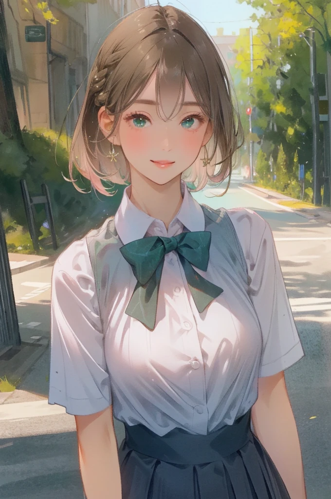 (masterpiece:1.3, top-quality, ultra high res, ultra detailed), (realistic, photorealistic:1.4), beautiful illustration, perfect lighting, natural lighting, colorful, depth of fields, ,
beautiful detailed hair, beautiful detailed face, beautiful detailed eyes, beautiful clavicle, beautiful body, beautiful chest, beautiful thigh, beautiful legs, beautiful fingers, shiny skin, babyface,
looking at viewer, (face focus), 1 girl, japanese, high school girl, (perfect anatomy, anatomically correct, super detailed skin), cute and symmetrical face, perfect face, perfect eyes,
(short hair, straight hair, sideburns, light brown hair), braided bangs, hair between eyes, emerald green eyes, long eyelashes, (medium breasts, seductive thighs), slender, outstanding style, ,
(detailed cloth texture), break, ((pink knit vest)), break, (white collared shirt, navy pleated skirt), break,
(beautiful scenery), summer, evening, (outside masion), (lovely smile, parted lips),