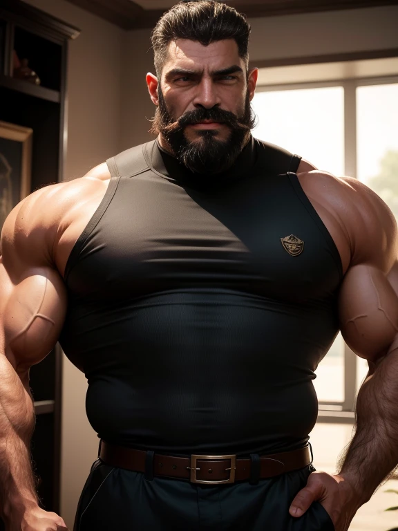 Muscular old security guard with open mouth,JP, ((very dark skin)), (black skin), He wears a long-sleeved turtleneck sweater,He had sad eyes in his eyes,Grievanced frown,Emerald charming eyes,Tall and burly,musculous!Tall, Burly and strong, Extremely detailed depiction of faces,Exquisite facial features,super gain and cool, commission for high resolution, Attractive strong men,Luxurious warmth in burgundy tones,He was in the luxurious living room, Old man, JP, An award-winning original photo, ( brown skin color), long gray hair, full white beard, A wild muscular old man, (80 years old daddy:1.1), 1boy, Solo, (tanktop), (big shoulders), musculature, stubbles, dark skin, long grey hair, thick grey beard, Detailed face, (evil smile), blue eyes, veins, wrinkles, big old man nose, nose with pronounced bridge and outward curve that protrudes from the base of the nose, dark olive skin color, brown skin, veins, absurdly huge nose, hawk nose, convex nose, well groomed moustache, (flexing his biceps), Dynamic Angle, volumetric lighting, (Best quality, A high resolution, Photorealistic), Cinematic lighting, Masterpiece, RAW photo, Intricate details, hdr, upper body shot