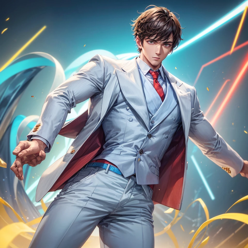 A handsome well-built wheatish skinned man standing with both hands visible. Detailed face with short hair. He is wearing white formal shirt and denim trousers. Background is a brightly lit with cyan and red bright and flaring neon and concert lights. (high resolution, hyper-detailing), masterpiece, best quality.