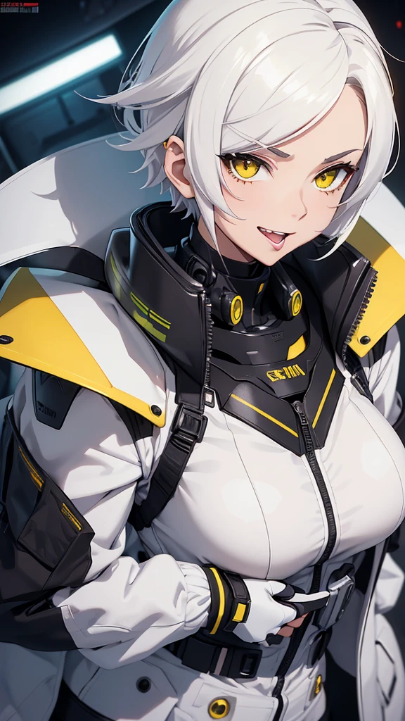 Anime, attractive woman, mecha millitary, small bust, tight padded white shirt, unbuttoned white jacket, black and yellow accents, tech bits on her clothing, short white hair, white skin, happy, licking her lips, sharpe canine teeth, techy hedset, yellow visor, vampire teeth,