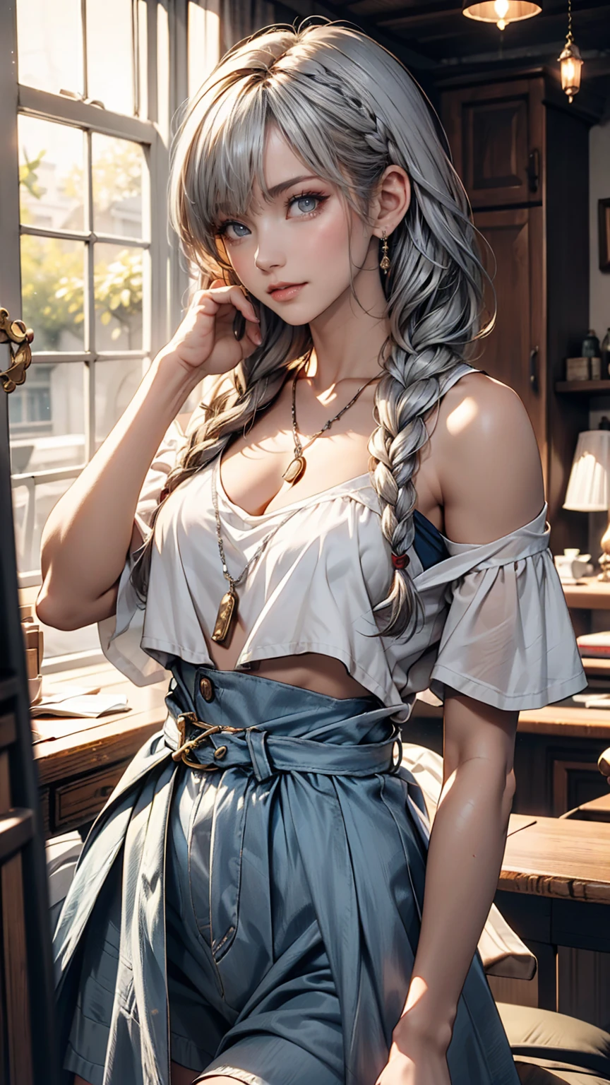 24-year-old female、Sexy proportions、Sexy expression、Dress Armor、Silver Hair、Straight Hair、Twin tails
