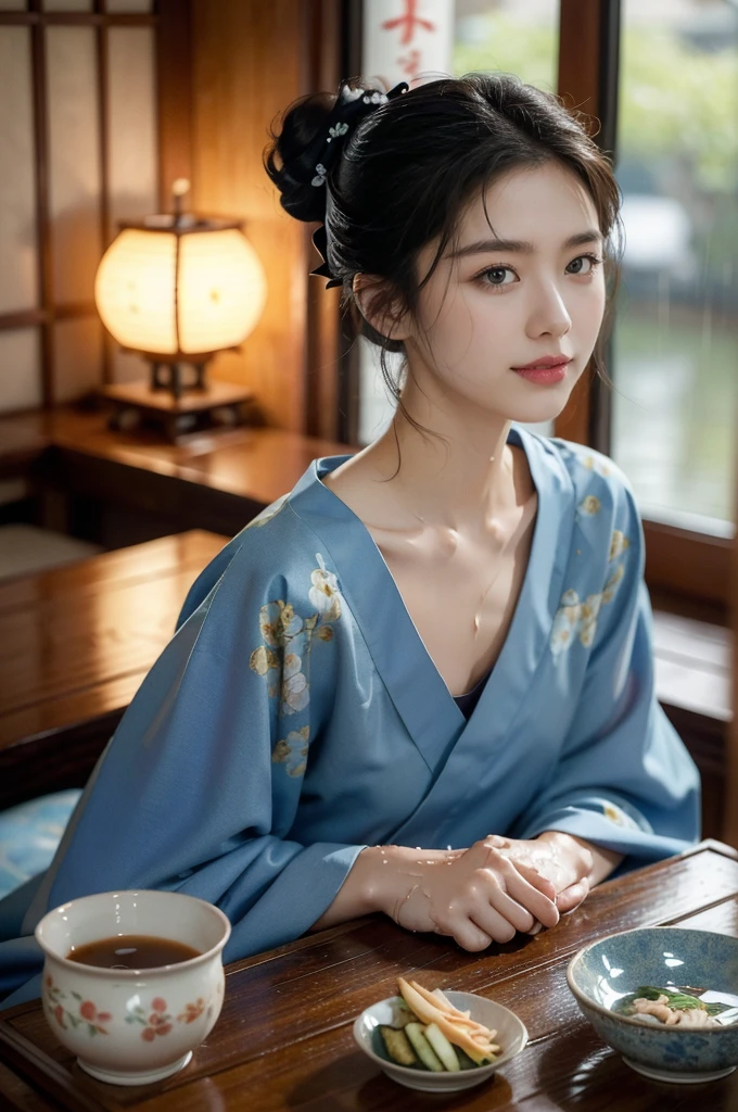 (((best quality))),(((ultra detailed))),(((masterpiece))),illustration,((1 beautiful Japannese girl,solo)),((slim,thin)),((small breasts,flat chest)),(in izakaya:1.3),(summer:1.2),(rainy:1.3),(indoor:1.2),(night scene:1.3),(wet:1.3),(collar:1.2),(blue floral kimono:1.3),neat bun,porcelain skin,rouge,dimly lit,warm glow,ethereal,(sitting beside the low table:1.3),sake bottle,half-empty glass,tray,grilled fish,steamed vegetables,half-eaten,melancholic smile,storm,solitude,enigmatic aura,tranquility,chaos,simplicity,mysterious,captivating,((from front,upper body))