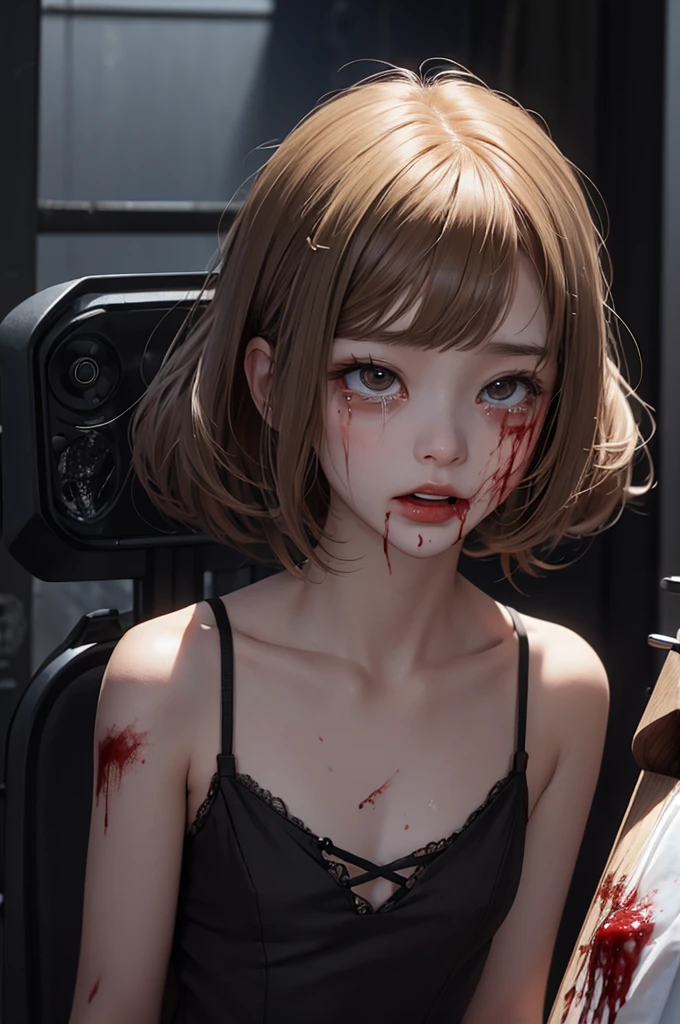 Highest quality, masterpiece, look up, cute,(Horror),(((少女の美しいzombie))),(zombie),(This girl is dead),Trying to bite,(((Bleeding,Injured))),(((Shedding tears of blood))),((口からBleeding)),((Covered in blood)),(A body covered in wounds),((zombieに身体中を噛みつかれた)),((Sexy)),(sexy),((Small breasts)),(Baby Face),(Middle school students),(((Masturbation))),((semen)),Beautiful Style,(((Lower body exposed))),((Pale skin)),(Sensual look),Sexy表情,Expressions of delight,Crazy Smile,((Ahegao)),(Dark atmosphere),(Dark atmosphere,fear),((Dim lighting))