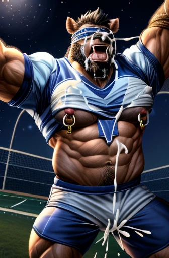Super muscular adult boar beastman,(wear a sports uniform:1.8),Blindfold,Open your mouth and stick out your tongue,(a large amount of semen on the face and body,:1.5),night,Outdoor,Both arms and legs are suspended by rope,(Nipple ring piercing:1.5),Brown fur,Black hair and beard