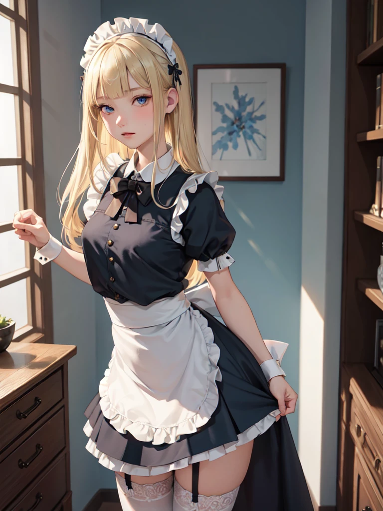 1lady, 独奏, young girl, 16 years old, straight blonde hair, blunt bangs, Blue eyes, (Cold look), (masterpiece, best quality:1.2) delicate illustration, ultra-detailed, medium breasts, ((upper body)), (Mini skirt maid outfit), living room、A sharp expression、Maid clothes with a view of the valley、garter belt、Showing panties by lifting a skirt
