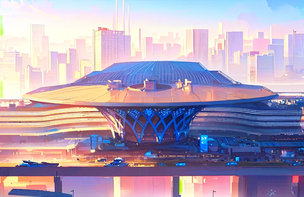 Cartoon illustration:Overlooking a building, City of the Future, Blue illustration, Future Cityscape, AIRPORT, beautiful City of the Future, Official illustrations, A beautiful artistic illustration, Shopping mall background, 特大City background, City background, 8K cartoon illustration, 4k hd wallpaper illustration, masterpiece,High-resolution details,High Definition