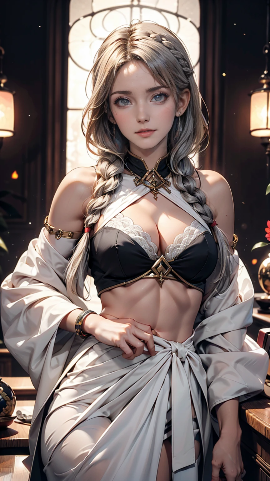 24-year-old woman、Multi braid((multiple braids))、Silver Hair、Sexy proportions、Narrow waist、Galileo Galilei's Residence（Medieval European atmosphere)、Galileo Telescope