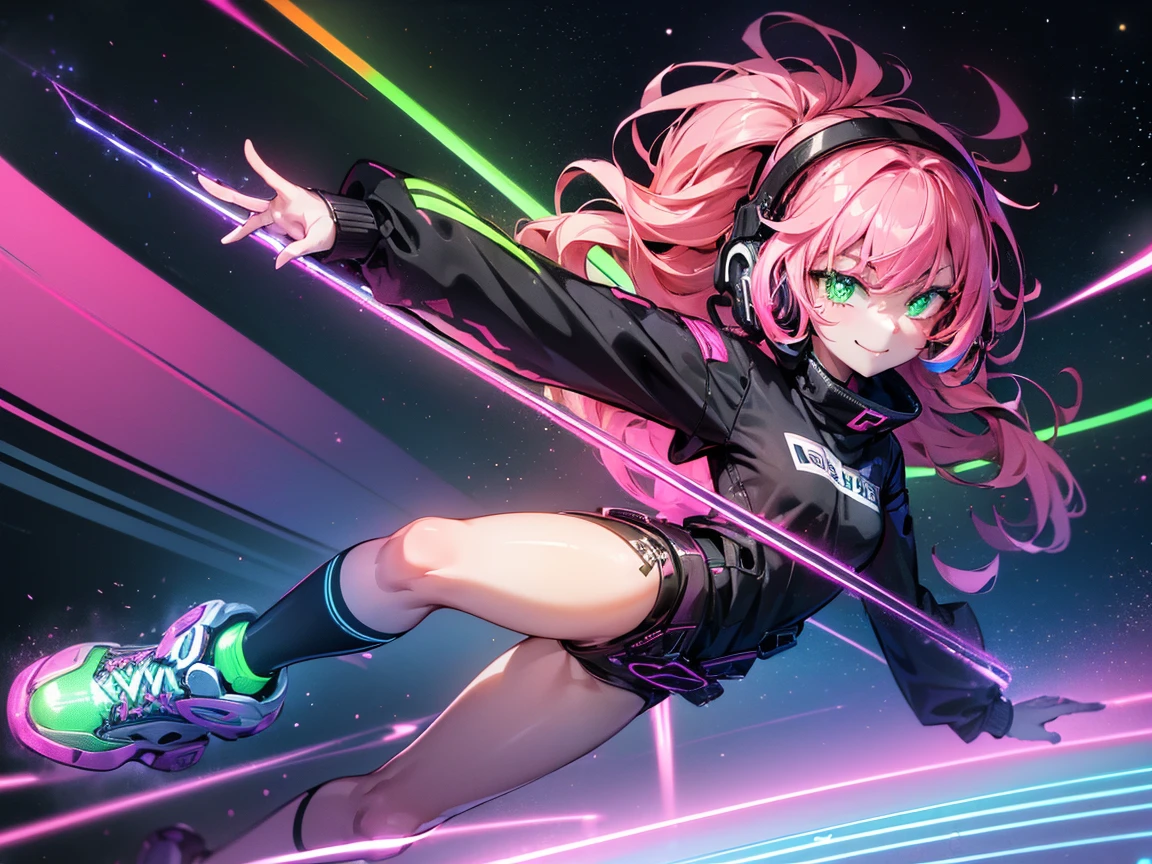 masterpiece:1.4, One girl ((20-year-old, Wearing a long-sleeved shirt, tight black shorts, sneakers, Medium chest, Multicolored pink hair, Curly Long Hair, Green Eyes:1.4, Wear headphones, Happy, smile, close, Floating in space:1.One Earth with galaxy in background:1.1, Neon and energetic atmosphere:1.2)) ((at night)) ((alone:1.6))