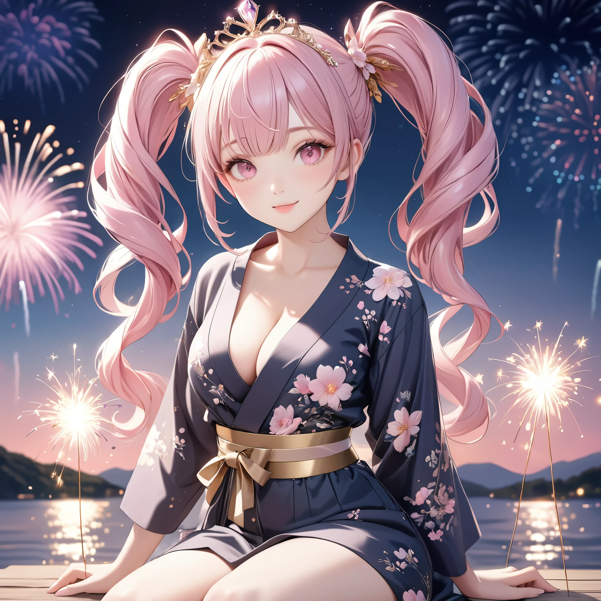 (8K, masutepiece, Best Quality, Official art, Breathtaking beauty and aesthetics, A highly Beautiful detailed, beautiful lighting, The best masterpiece in history that exceeds limits:1.2), (1 Girl, solo), (), (Beautiful detailed face), (shiny white skin), (Beautiful big bust, cleavage:1.3), (thighs,), (Beautiful detailed pastel pink twin tails hair, bangs:1.3), (beautiful detailed drooping pink eyes:1.5), BREAK, (Beautiful detailed pastel black cute Yukata, Flower pattern, gold obi:1.3), (Beautiful Luxurious Diamonds Tiara), (happy smile), (Attractive, Look at the camera, cute pose, siting), breathtaking scenery, (ultra detailed realistic beautiful night sky, Japanese sparklers, Gorgeous fireworks:1.2)